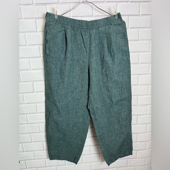 Eileen Fisher Organic Linen green Wide-Leg Trouser Pant/size LP - Picture 1 of 6